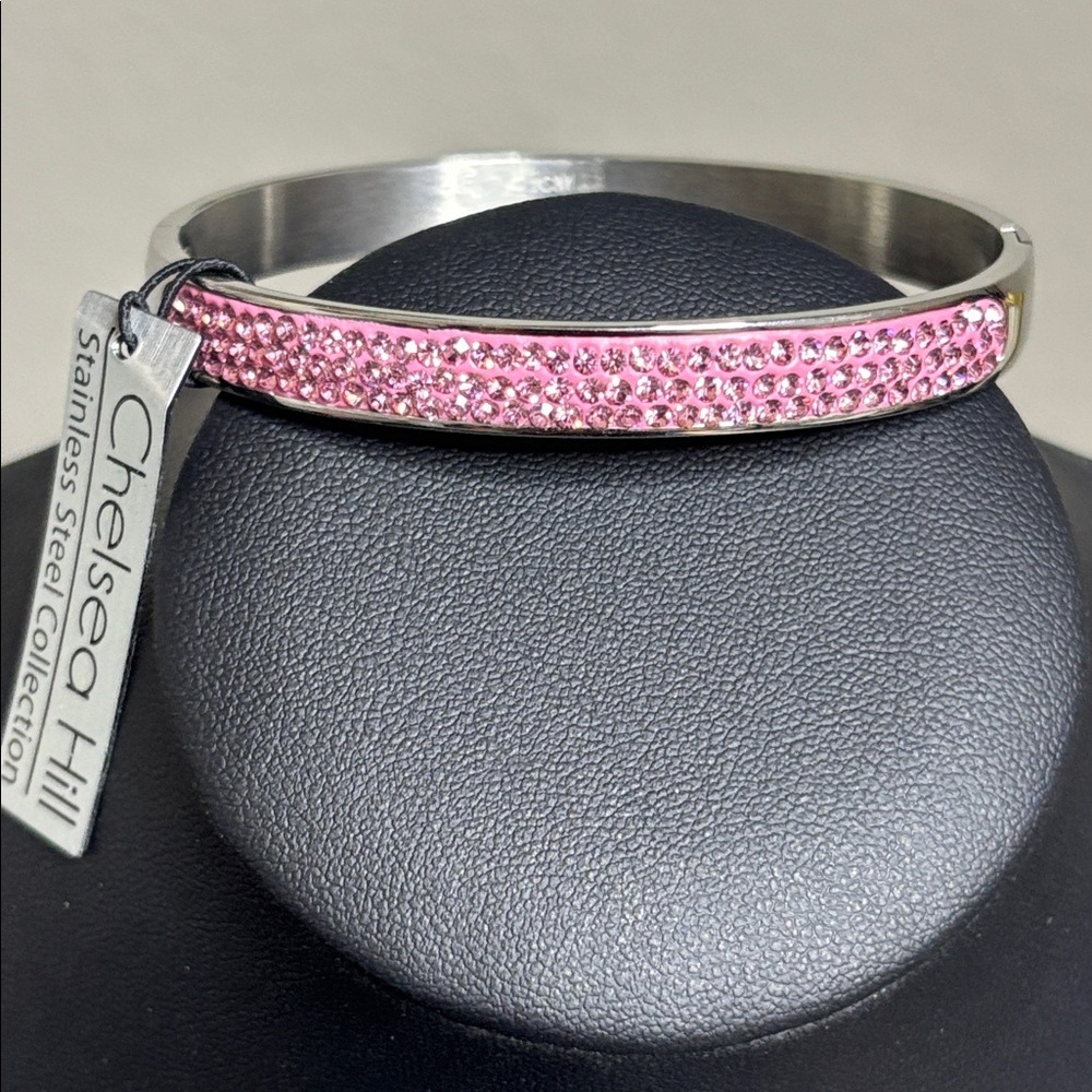 NWT Chelsea Hill Silver Stainless Steel Pink Rhinestone Clamper Bangle Bracelet